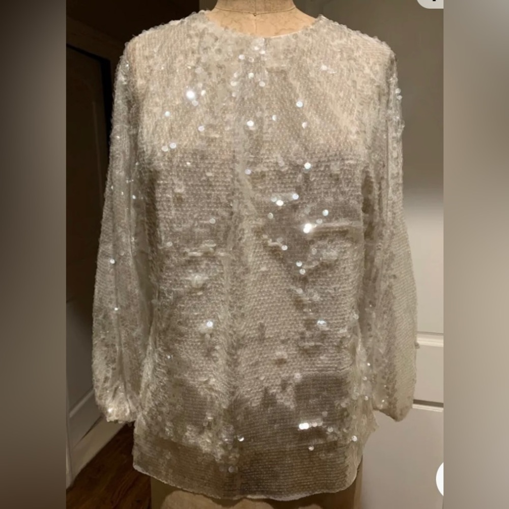 NWT Sequin Voluminous Blouse Ref 7744/047 White/Silver Top Size XS